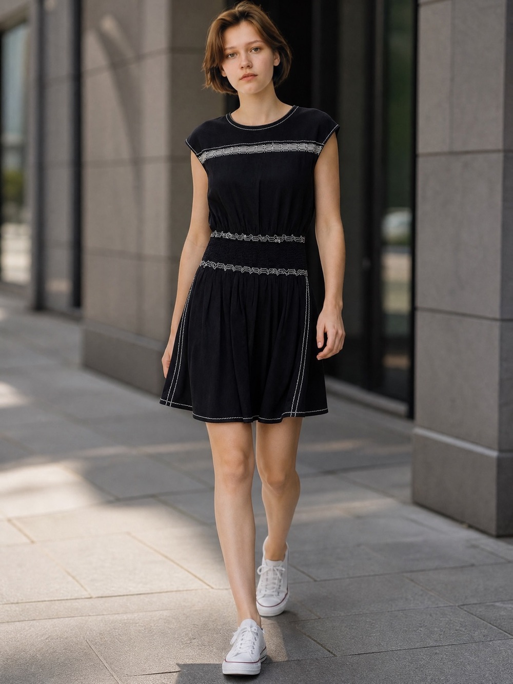 Prada Black Mini Dress with Cream Contrast Stitching